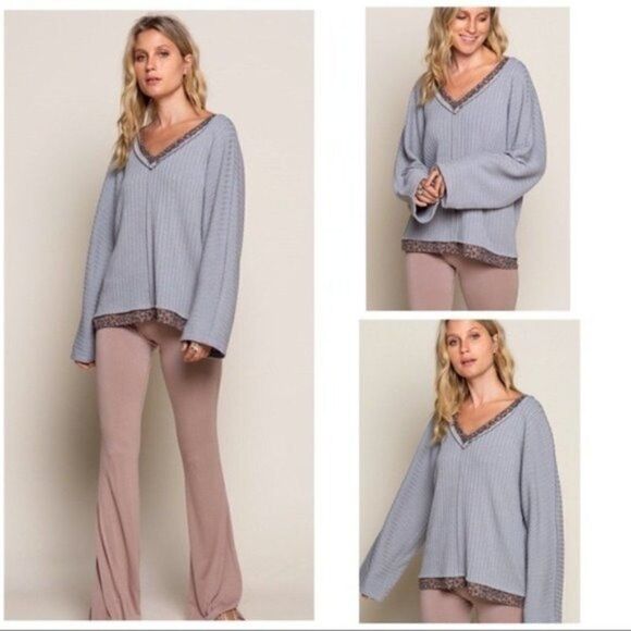 LIGHT Gray V- Neck Ribbed Top w/Leopard Print Trim - Picture 7 of 16